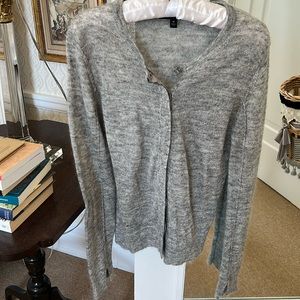 Gray mohair and nylon cardigan. Grosgrain ribbon placket.